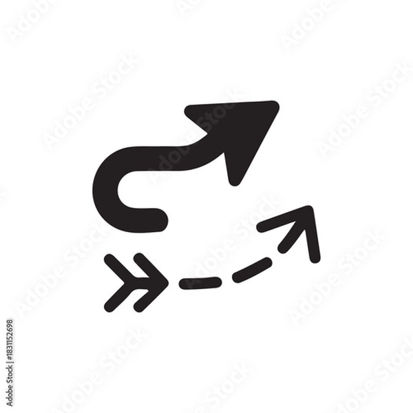 Fototapeta a simple black and white illustration of a curved and dashed arrow pointing in various directions silhouette