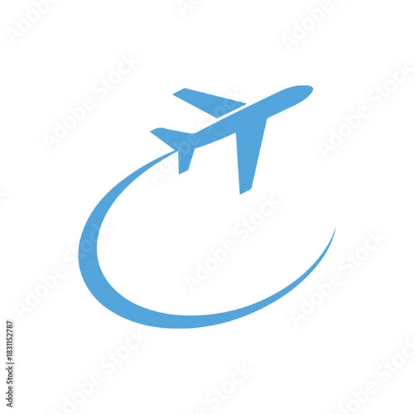 Fototapeta a vibrant blue airplane gracefully soars through a curved trail against a clean white background silhouette