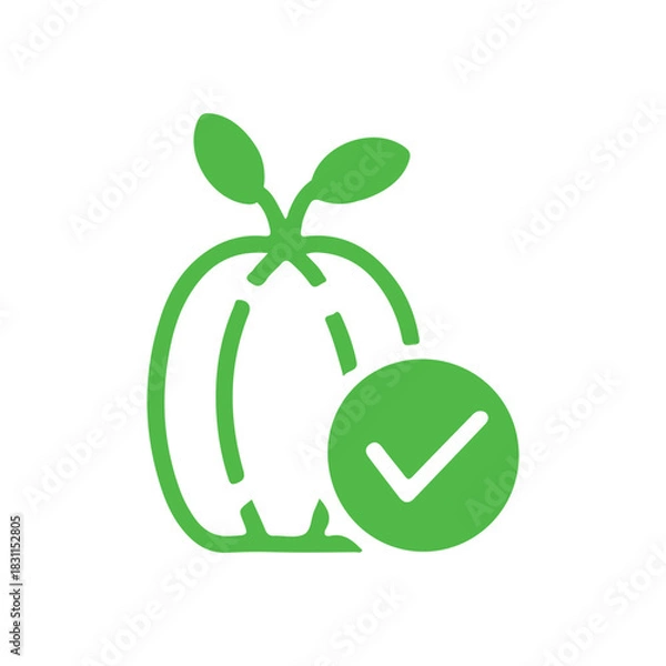 Fototapeta a vibrant green apple icon with a checkmark emblem and leaf details presented as a silhouette