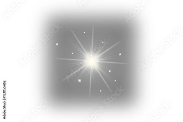 Fototapeta Bright white starburst light effect with lens flare isolated on transparent background