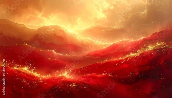 Fototapeta A Christmas abstract with soft red-gold gradients, diffused sparkles, warm ambient glow and smooth atmospheric depth.
