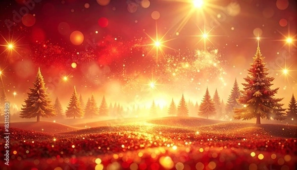 Fototapeta A Christmas abstract with soft red-gold gradients, diffused sparkles, warm ambient glow and smooth atmospheric depth.
