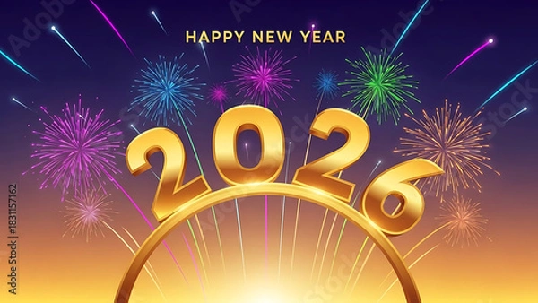 Fototapeta Golden year two thousand twenty six with fireworks and happy new year text on a gradient background silhouette