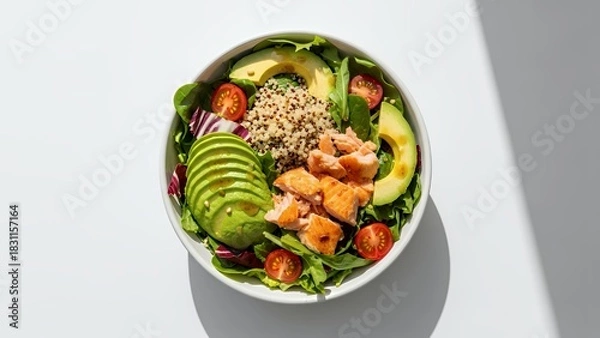 Fototapeta A bowl of salad with avocado and grilled salmon