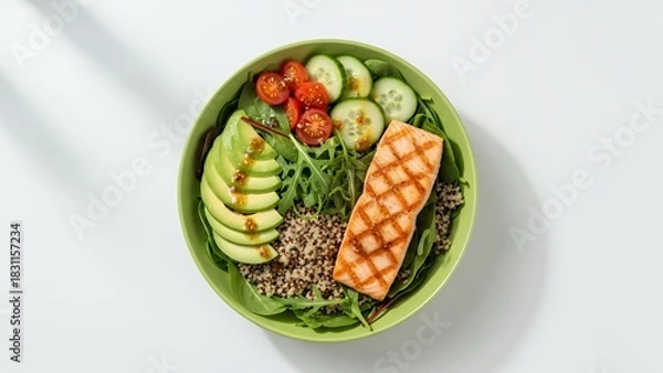 Fototapeta Salmon salad with avocado and quinoa top view