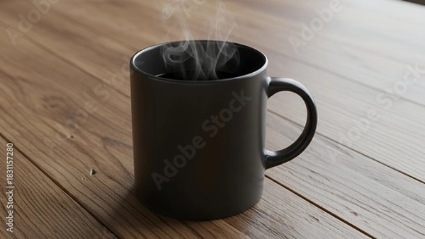 Fototapeta A steaming mug on a wooden surface, close up view
