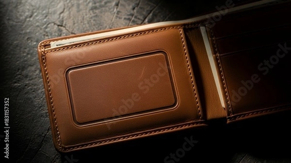 Fototapeta Open brown leather wallet on a textured surface