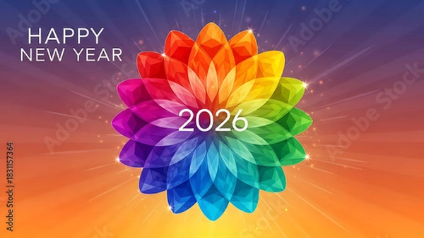 Fototapeta Happy new year greeting card with colorful flower and the year two thousand and twenty six in the center silhouette
