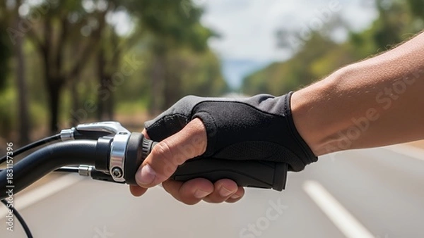 Fototapeta Hand gripping bicycle handlebars on a sunny day