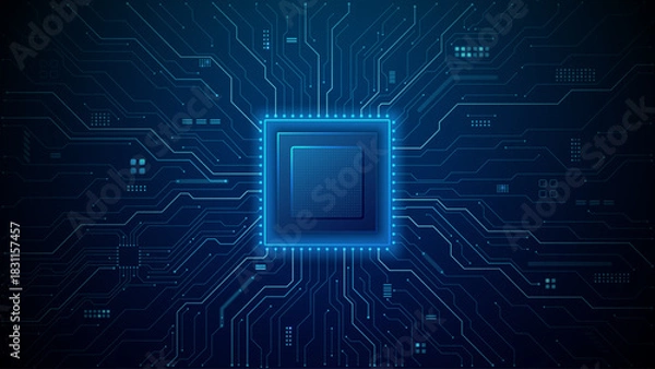 Obraz Abstract tech background featuring AI-powered circuit design with semiconductor microchip elements and flowing data streams in luminous blue digital atmosphere. Tech vector illustration.
