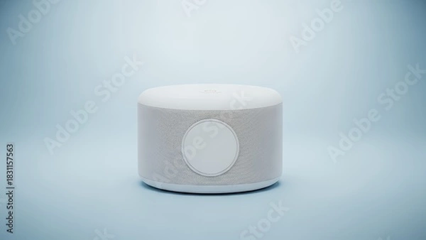 Fototapeta A white cylindrical speaker on a light blue surface