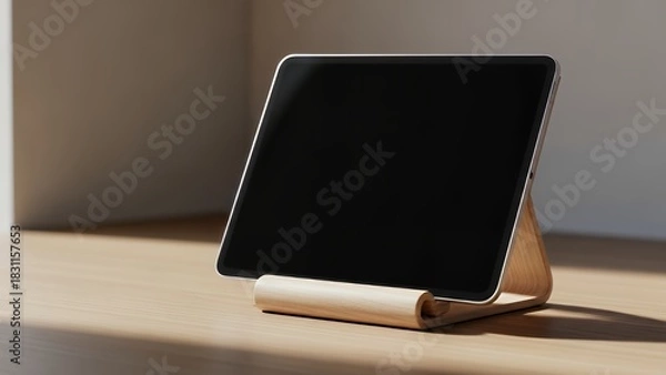 Fototapeta Tablet device on a wooden stand with a blank screen
