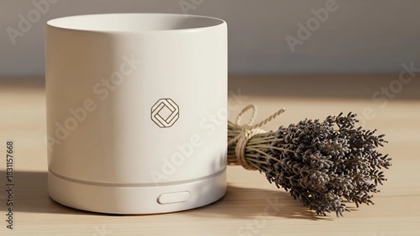 Fototapeta White diffuser with lavender on a wooden surface