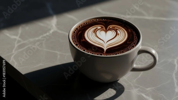 Fototapeta A latte with a heart on a marble surface in sunlight