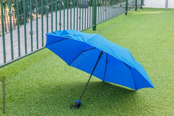 Fototapeta Bright blue umbrella resting on green grass near a fence