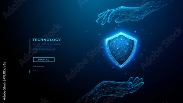 Obraz Cyber security concept. Digital shield protected by hands in cyber space. Modern 3D security icon with blue light effects for data safety and network protection technology concept.