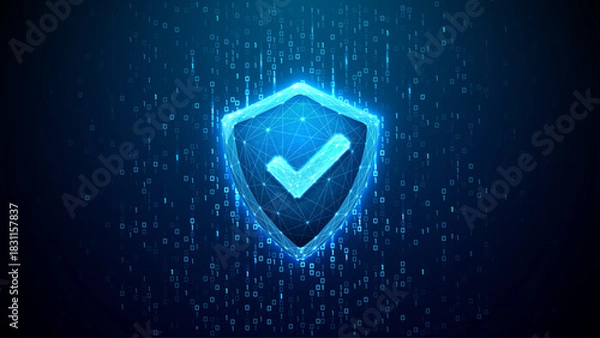Obraz Cyber security background. Digital shield icon protecting cyber data with futuristic 3D technology design. Blue network security concept for safe information systems and data protection solutions. 