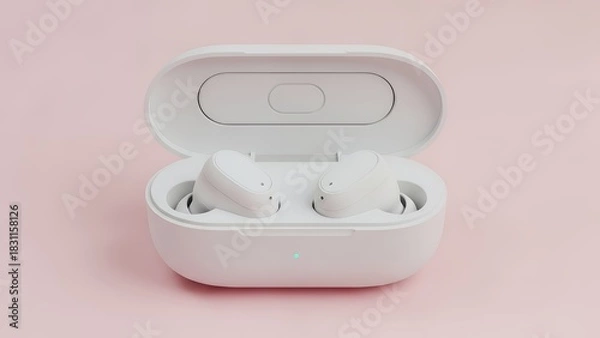 Fototapeta White earbuds inside open case on pink background