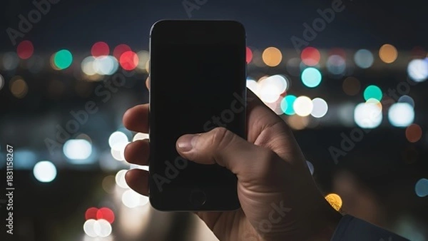 Fototapeta Person holding a smartphone at night with bokeh lights