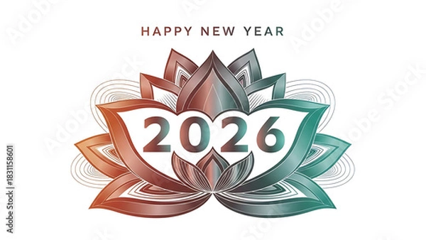 Fototapeta Happy new year card with lotus flower and year number two thousand and twenty six on white background silhouette