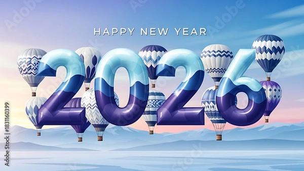 Fototapeta Happy new year greeting with hot air balloons and the year twenty twenty six in the sky above mountains silhouette