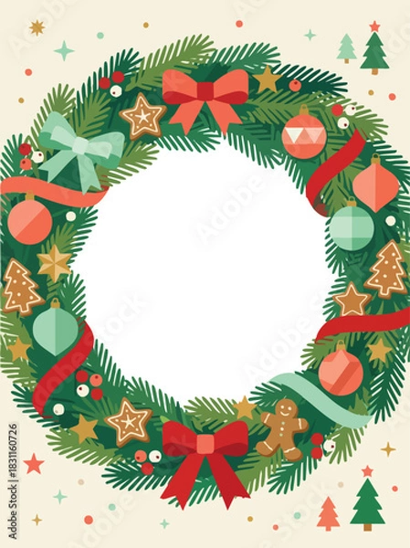 Fototapeta A festive Christmas wreath decorated with bows, ornaments, cookies, stars, and evergreen branches forming a bright circular frame with an empty center
