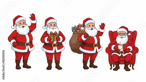 Obraz Four santa claus figures in various poses including waving holding gifts and relaxing in a chair