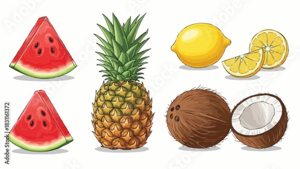 Obraz Illustration of two watermelon slices pineapple lemon and coconut with a white background image view