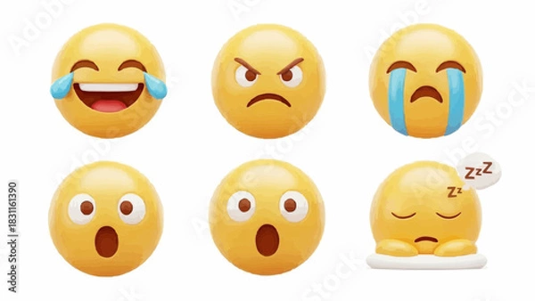 Obraz A collection of six yellow emoji faces expressing different emotions on a white background setting
