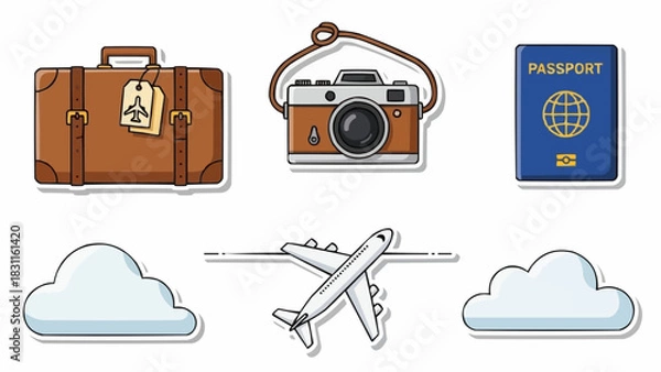 Obraz Illustration showing travel elements like suitcase, camera, passport, airplane and clouds on white background