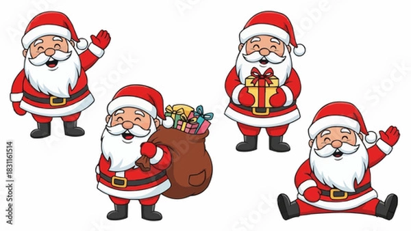 Obraz Various santa claus characters in different poses holding gifts and waving on a white background