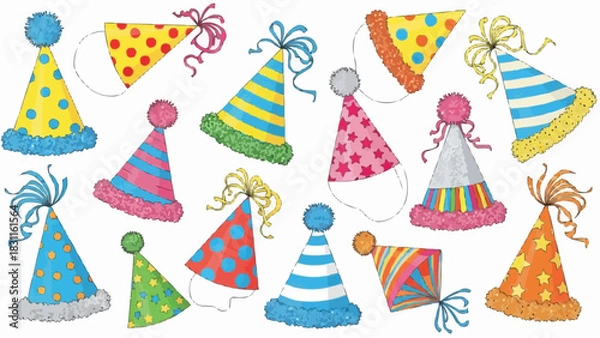 Obraz A collection of party hats in various colors and patterns arranged on a white background surface