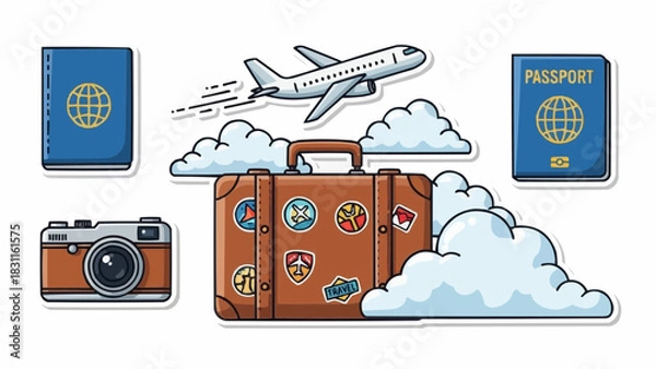 Obraz Cartoon travel scene featuring a suitcase, airplane, camera, passports, and fluffy white clouds