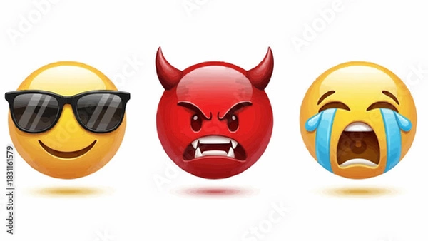 Obraz Three emojis displaying different emotions including cool devilish and crying face with tears 100