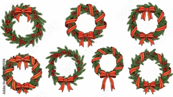 Obraz Collection of christmas wreaths adorned with red bows and berries on a white background display artfully