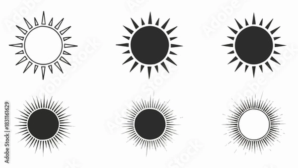 Obraz Illustration of six sun icons with varying ray styles and fill states arranged in a grid pattern design