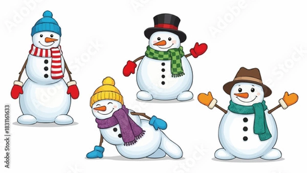Obraz Illustration showing four snowmen wearing different hats and scarves in a whimsical style setting scene