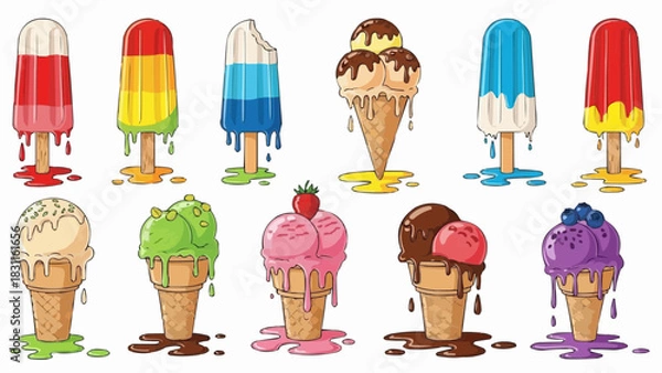 Obraz Illustration showing an assortment of colorful and delicious ice cream and popsicles on a white background