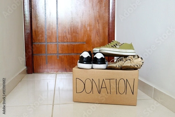 Obraz Cardboard box for donation. Charity concept. Donation box. 