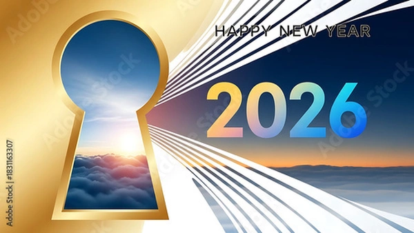 Fototapeta Happy new year with keyhole view of clouds and sky with the year two thousand twenty six displayed silhouette