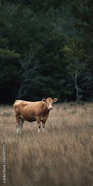 Fototapeta Brown cow standing in lush green field with dense trees in background