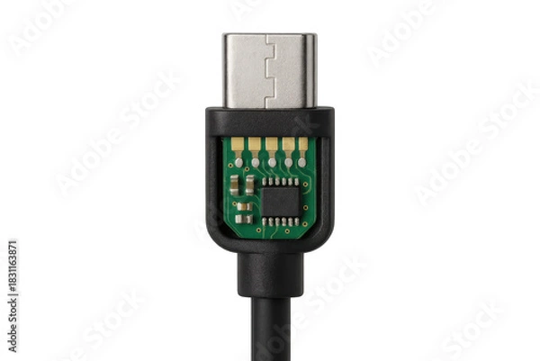 Fototapeta Usb-c cable connector showing internal circuit board technology