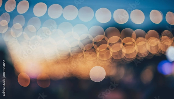 Obraz Abstract dark background with colorful glowing bokeh circles, bright night city lights, and holiday celebration blur pattern