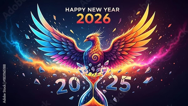 Fototapeta A colorful phoenix rising above broken hourglass with happy new year and year numbers in the background silhouette
