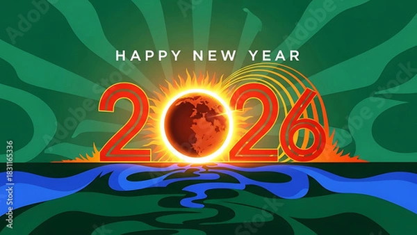 Fototapeta Happy new year graphic with the year twenty twenty six and a sun over water design element silhouette