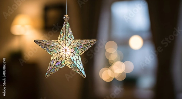 Obraz Decorative star-shaped lamp hanging with warm bokeh background  