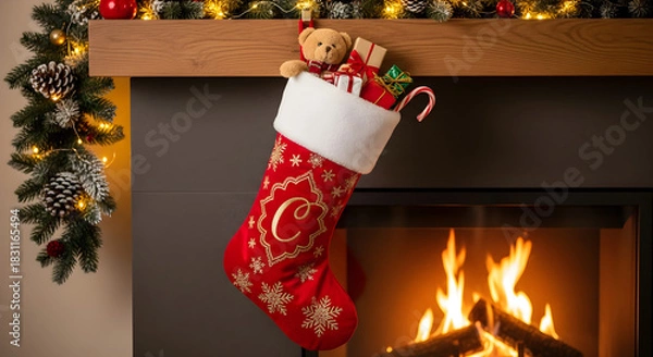 Fototapeta Christmas stocking filled with gifts and decorations hanging by fireplace  