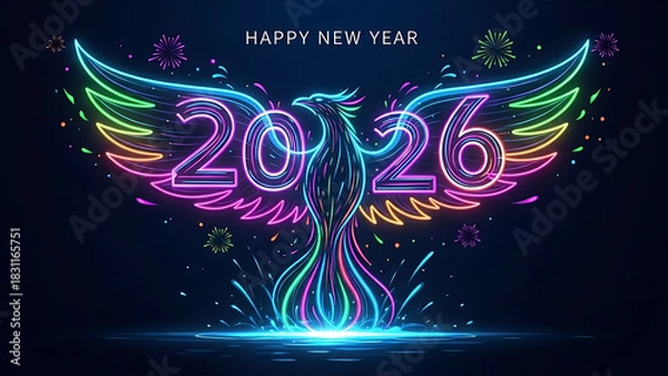 Fototapeta Neon phoenix with year twenty twenty six and happy new year text on a dark blue background design silhouette