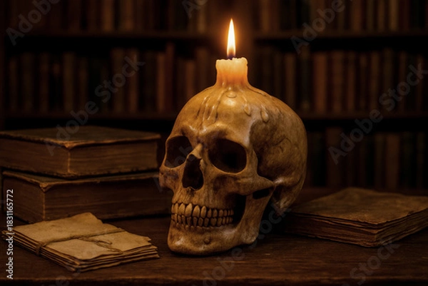 Obraz Skull and candle and books