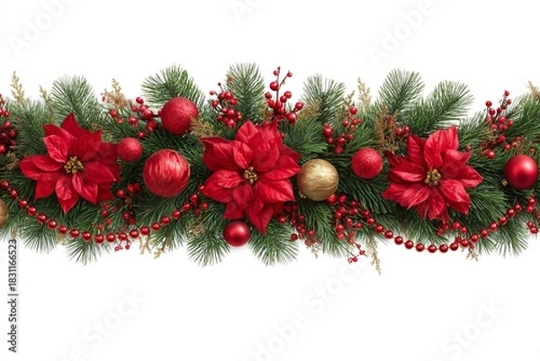Fototapeta Christmas garland decorated with red poinsettias and festive ornaments